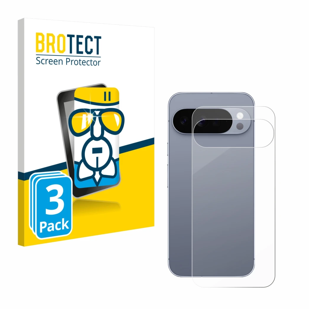 Front side of a product packaging with the brand logo BROTECT. Next to it is the device Google Pixel 10 Pro XL (Back) shown wi