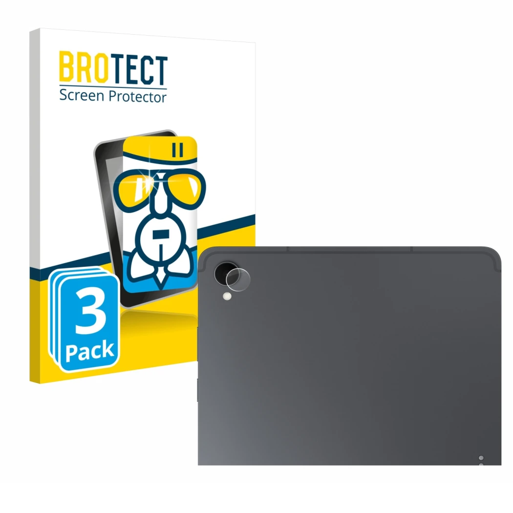Front side of a product packaging with the brand logo BROTECT. Next to it is the device Samsung Galaxy Tab S11 (ONLY Camera Le