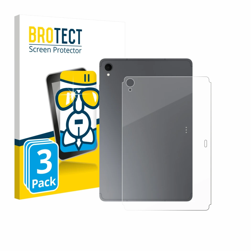 Front side of a product packaging with the brand logo BROTECT. Next to it is the device Samsung Galaxy Tab S11 (Back) shown wi