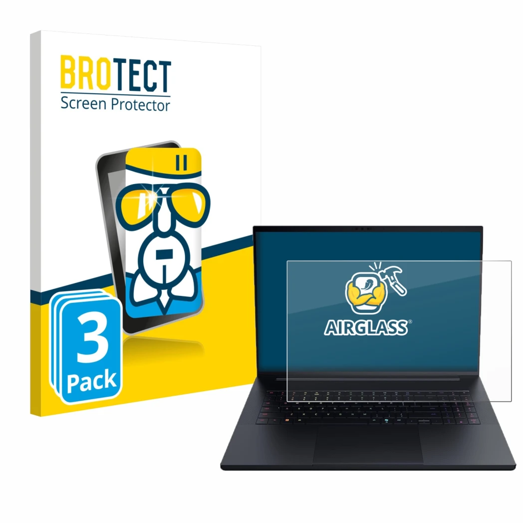 Front side of a product packaging with the brand logo BROTECT. Next to it is the device Razer Blade 18 2025 shown with the cor