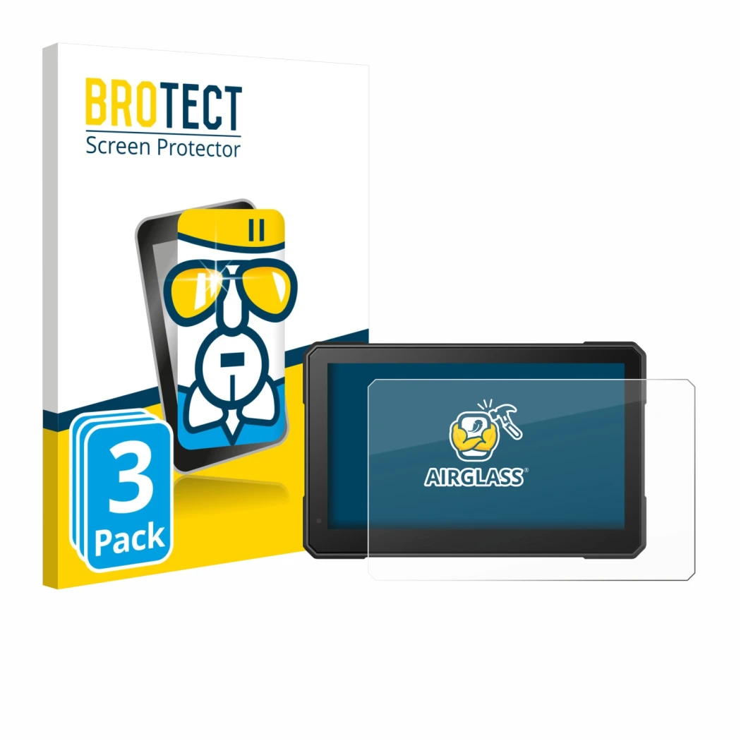 Front side of a product packaging with the brand logo BROTECT. Next to it is the device Interphone Sync 70 Essential shown wit