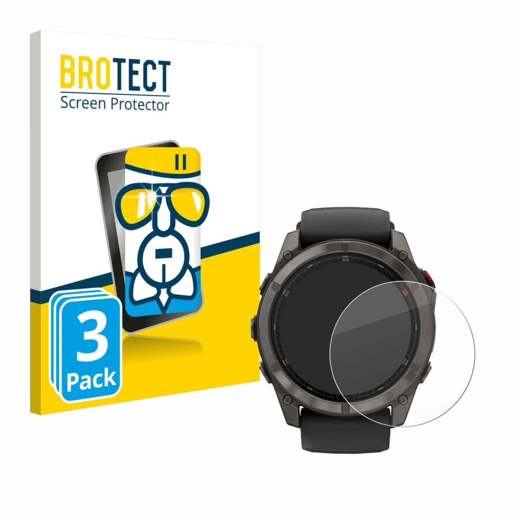 Front side of a product packaging with the brand logo BROTECT. Next to it is the device Garmin Fenix 8 Pro AMOLED (51 mm) show