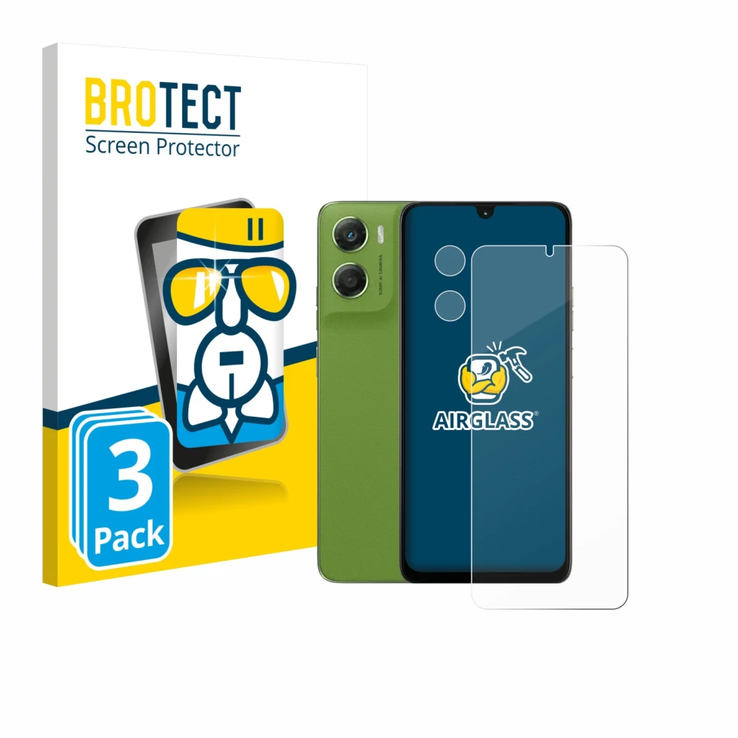 Front side of a product packaging with the brand logo BROTECT. Next to it is the device Motorola Moto G06 (Front+Camera) shown
