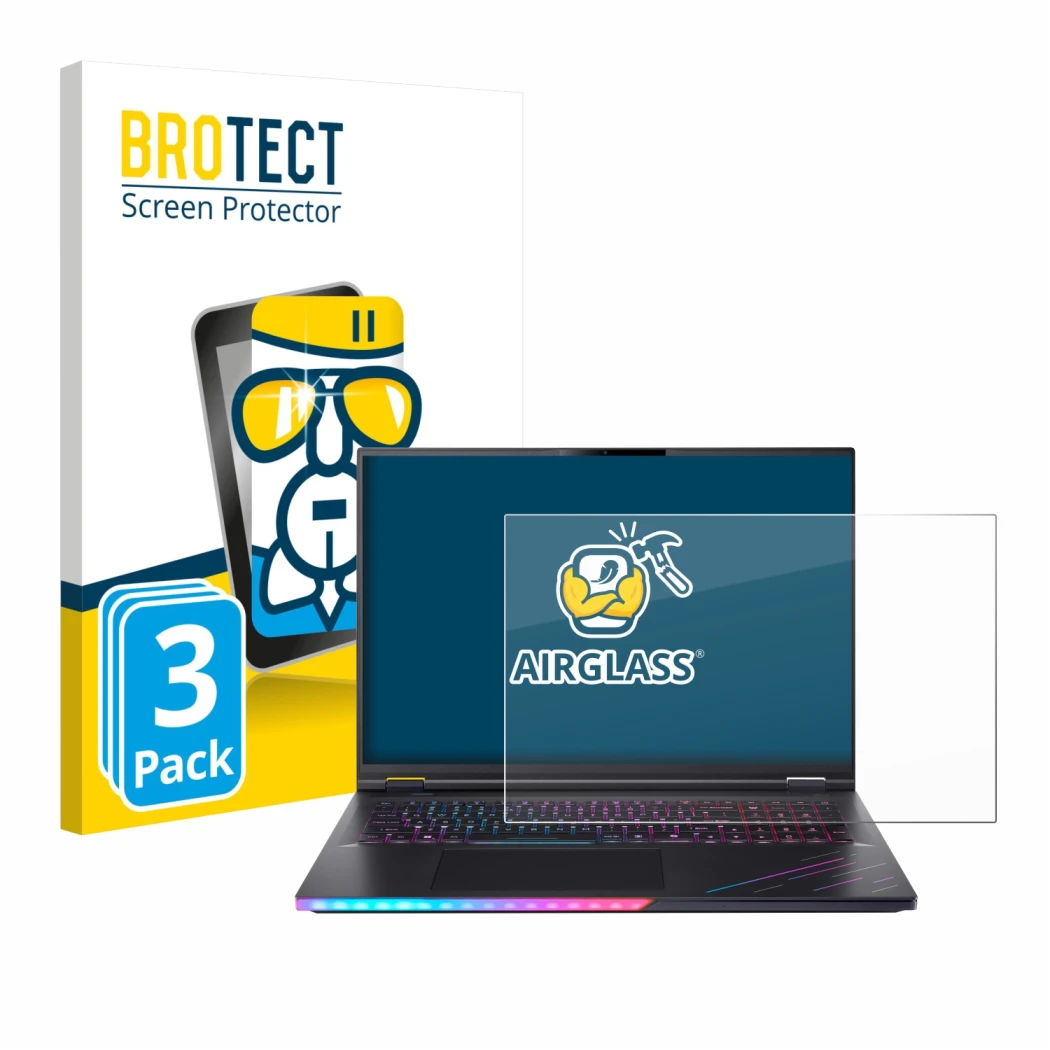 Front side of a product packaging with the brand logo BROTECT. Next to it is the device Acer Predator Helios 18 AI PH18-73 sho