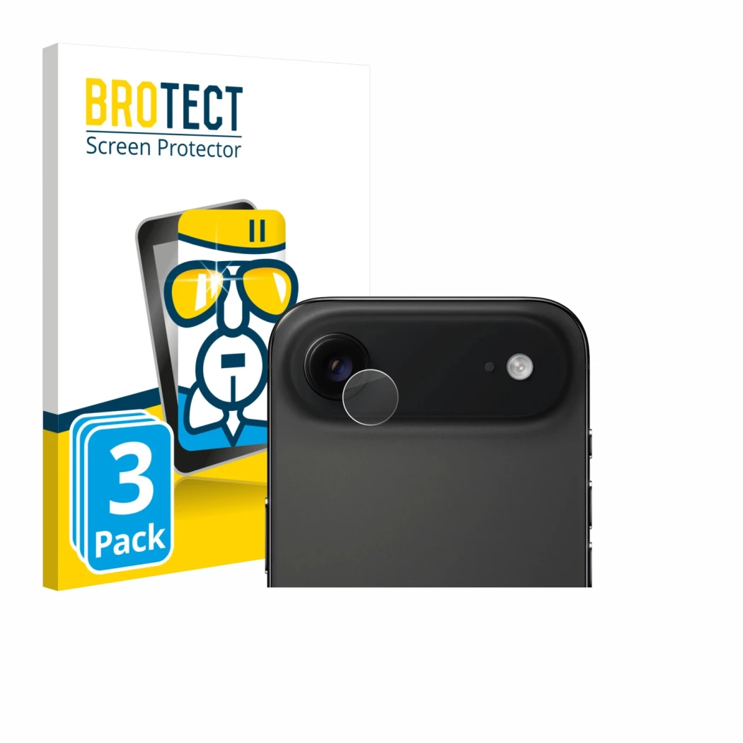 Front side of a product packaging with the brand logo BROTECT. Next to it is the device Apple iPhone Air (ONLY Camera Lens) sh