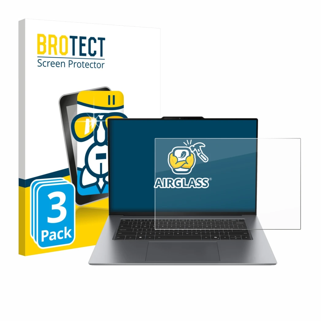 Front side of a product packaging with the brand logo BROTECT. Next to it is the device Lenovo ThinkPad X9 14 G1 shown with th