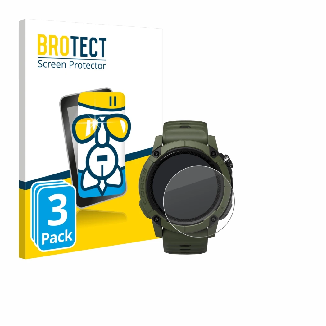 Front side of a product packaging with the brand logo BROTECT. Next to it is the device Coros NOMAD shown with the correspondi