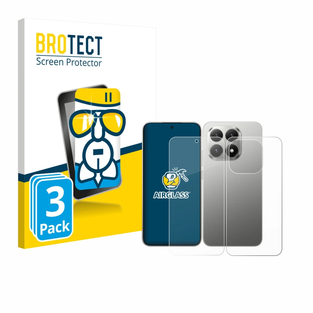 Front side of a product packaging with the brand logo BROTECT. Next to it is the device Xiaomi 15T (Front+Back) shown with the