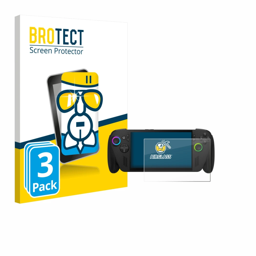 Front side of a product packaging with the brand logo BROTECT. Next to it is the device ASUS ROG Ally X 2025 shown with the co