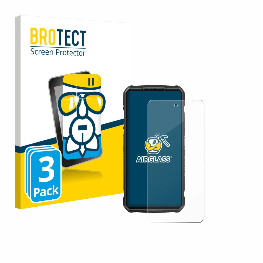 Front side of a product packaging with the brand logo BROTECT. Next to it is the device Ulefone 29 pro shown with the correspo