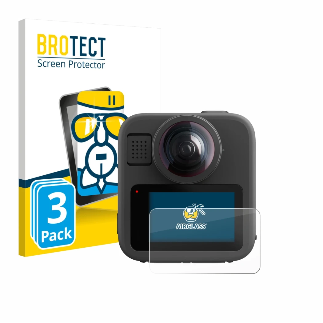 Front side of a product packaging with the brand logo BROTECT. Next to it is the device GoPro Max 2 shown with the correspondi
