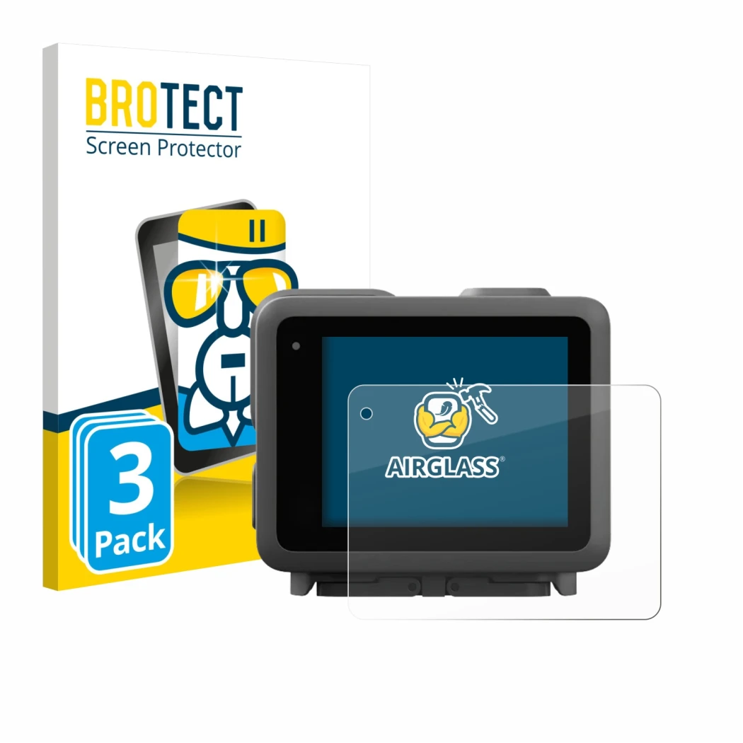 Front side of a product packaging with the brand logo BROTECT. Next to it is the device GoPro Lit Hero shown with the correspo