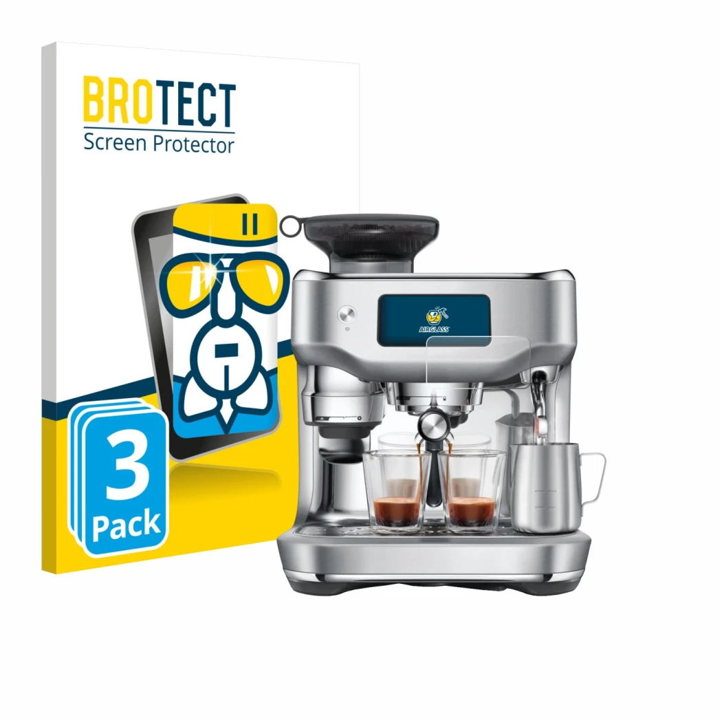 Front side of a product packaging with the brand logo BROTECT. Next to it is the device Sage the Oracle Dual Boiler shown with