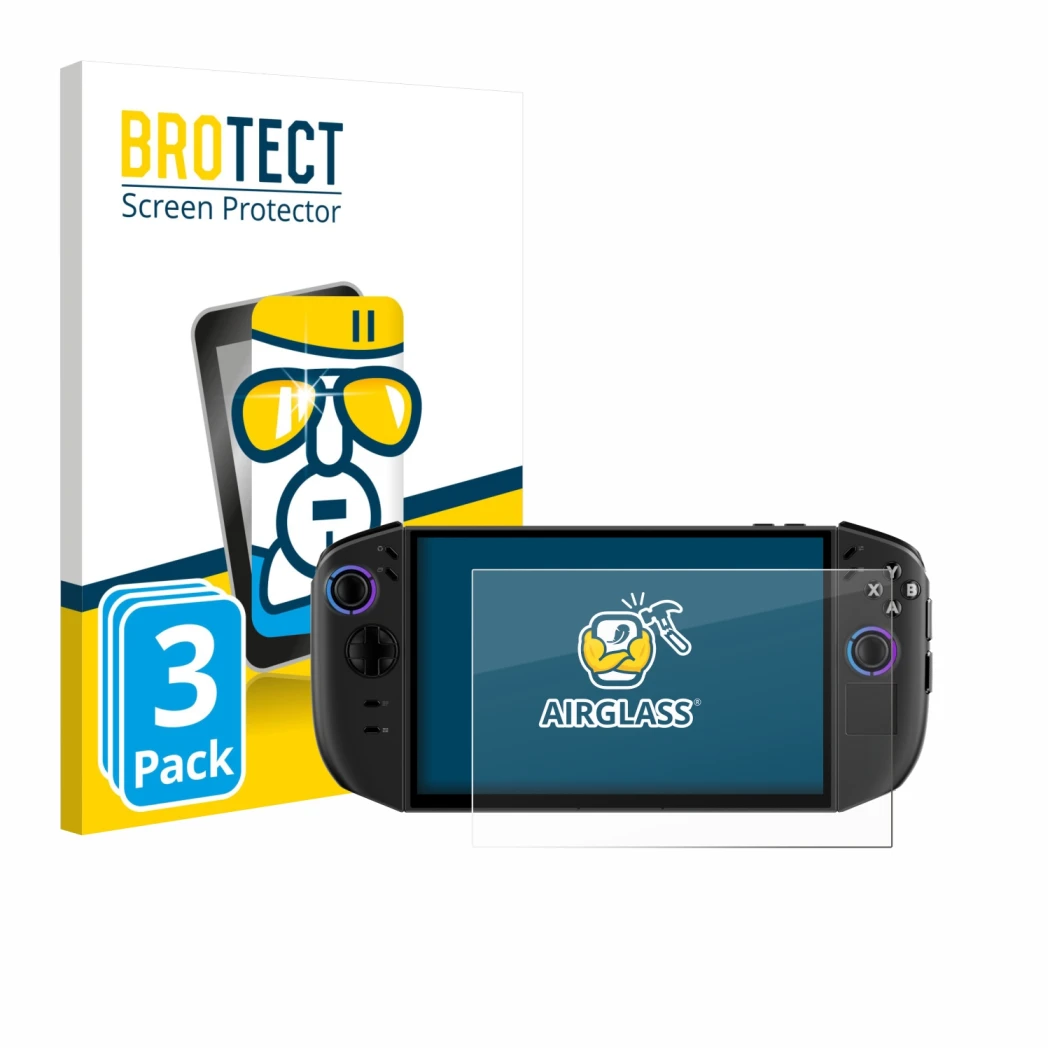 Front side of a product packaging with the brand logo BROTECT. Next to it is the device Lenovo Legion Go Gen 2 shown with the 