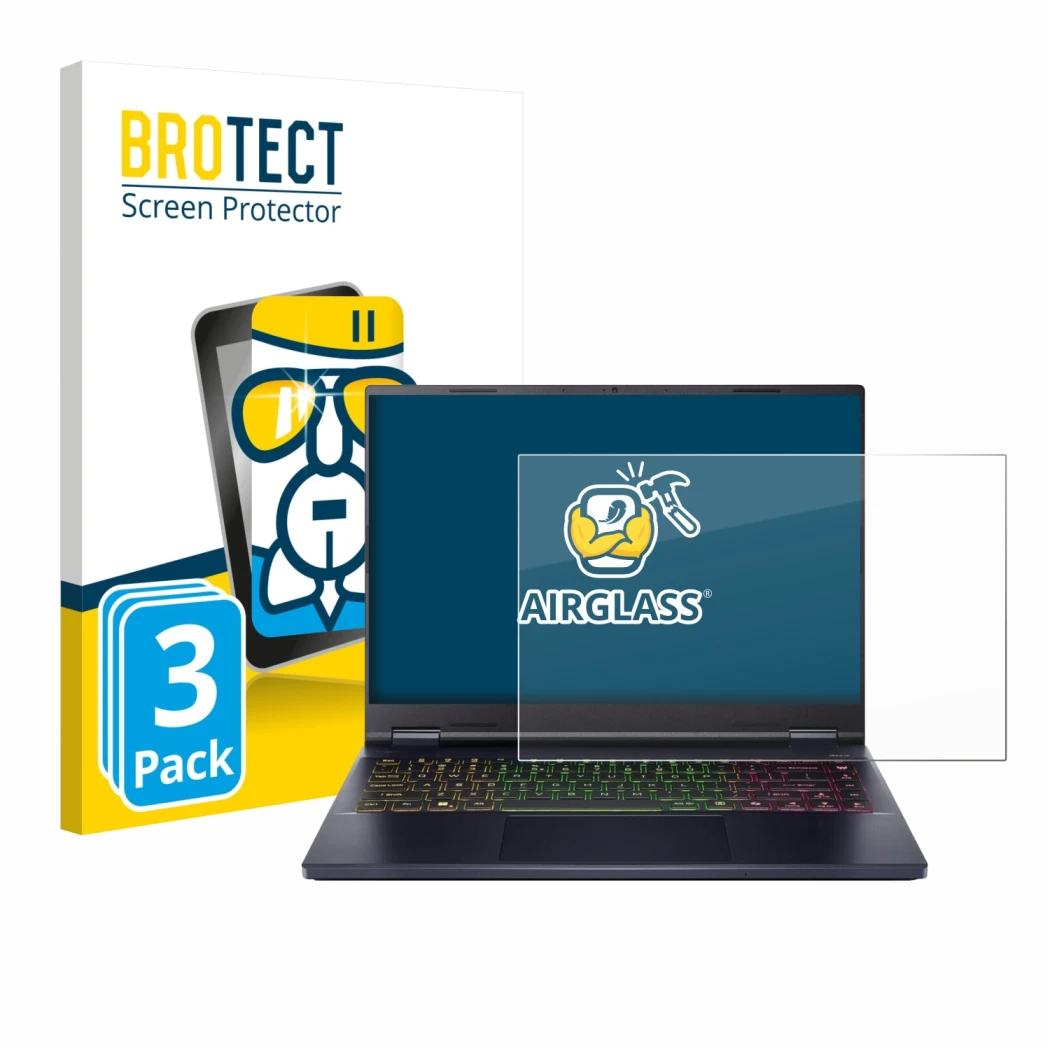 Front side of a product packaging with the brand logo BROTECT. Next to it is the device Acer Predator Helios Neo 14 AI shown w