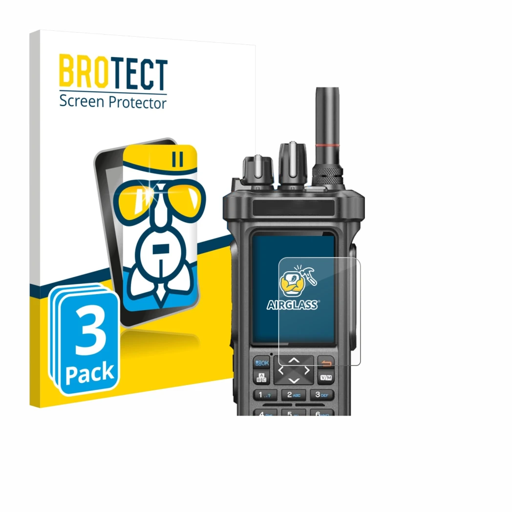 Front side of a product packaging with the brand logo BROTECT. Next to it is the device Radtel RT-950 Pro shown with the corre