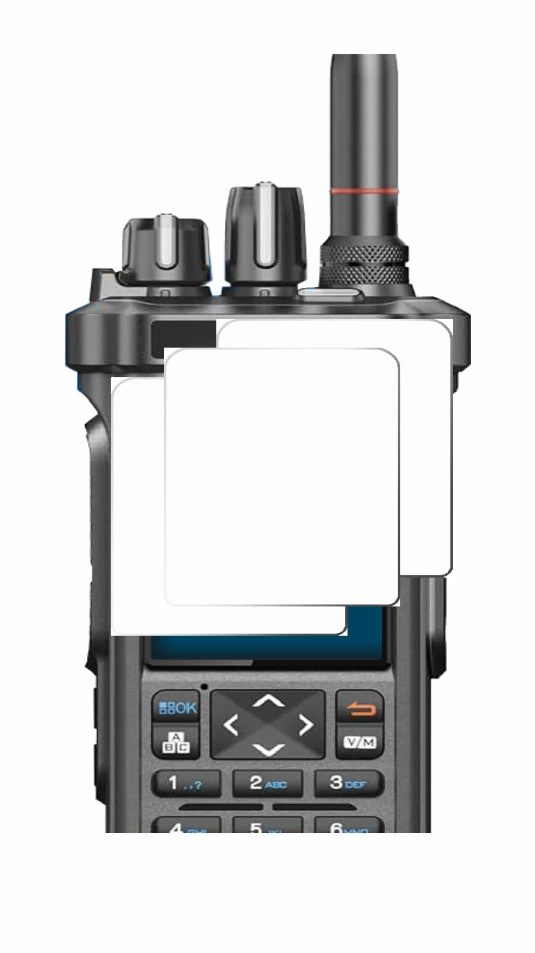 Image of the device Radtel RT-950 Pro with a wide variety of screen protectors.