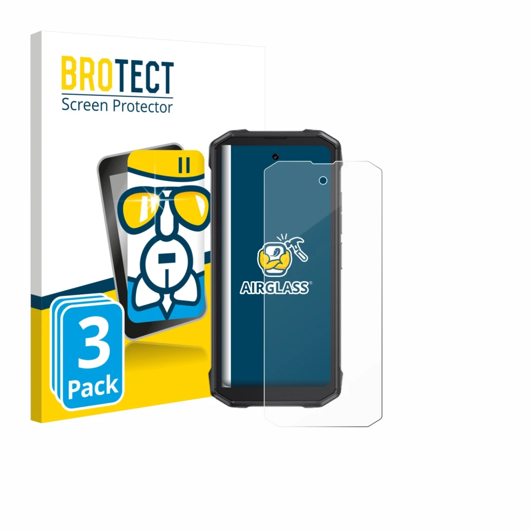 Front side of a product packaging with the brand logo BROTECT. Next to it is the device Cubot King Kong Mini 4 shown with the