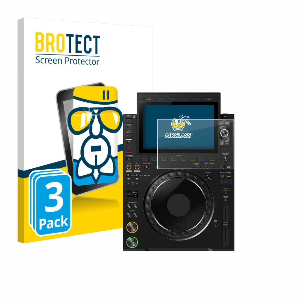 Front side of a product packaging with the brand logo BROTECT. Next to it is the device Pioneer CDJ 3000X shown with the corre