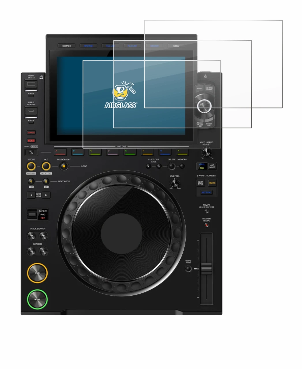 Image of the device Pioneer CDJ 3000X with a wide variety of screen protectors.