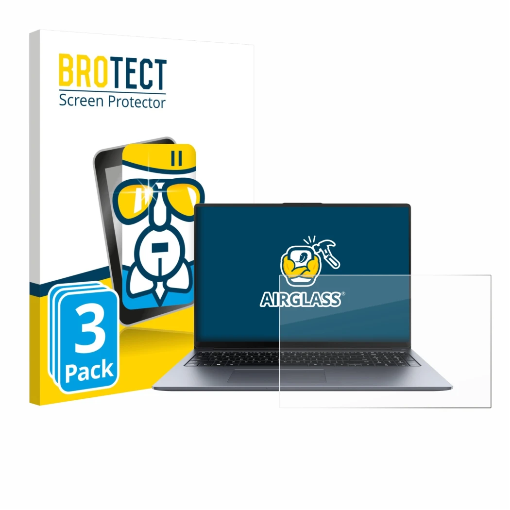 Front side of a product packaging with the brand logo BROTECT. Next to it is the device Huawei MateBook D 16 2024 shown with t