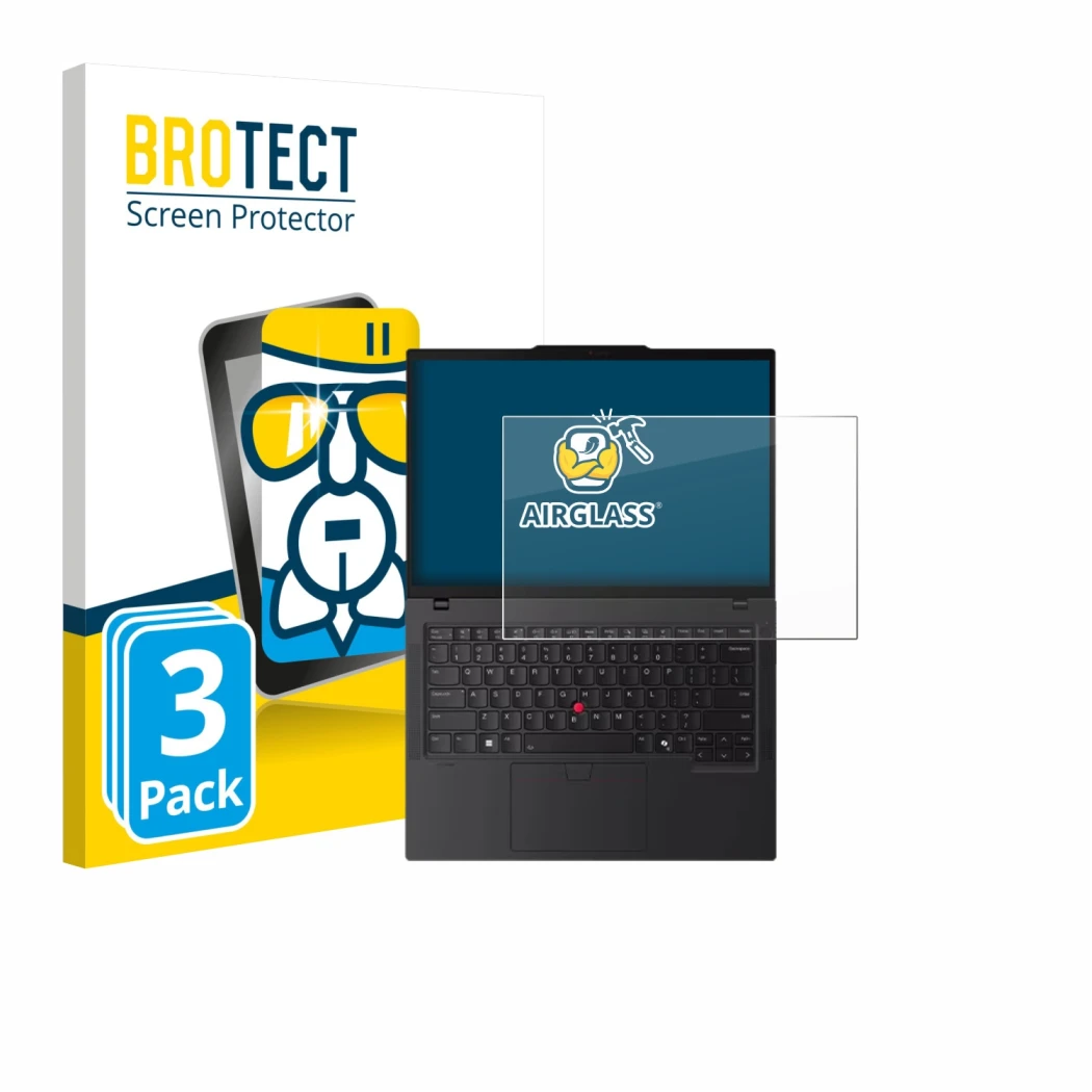 Front side of a product packaging with the brand logo BROTECT. Next to it is the device Lenovo ThinkPad P14s Gen 6 14.5