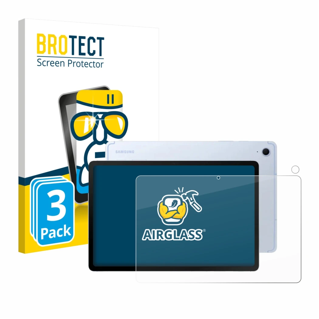 Front side of a product packaging with the brand logo BROTECT. Next to it is the device Samsung Galaxy Tab S10 FE (Front+Camer