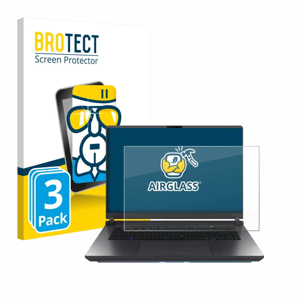 Front side of a product packaging with the brand logo BROTECT. Next to it is the device ASUS ROG Strix G16 2025 shown with the