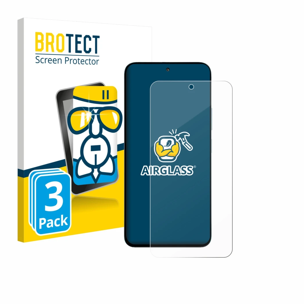 Front side of a product packaging with the brand logo BROTECT. Next to it is the device Xiaomi Poco M7 Plus shown with the cor