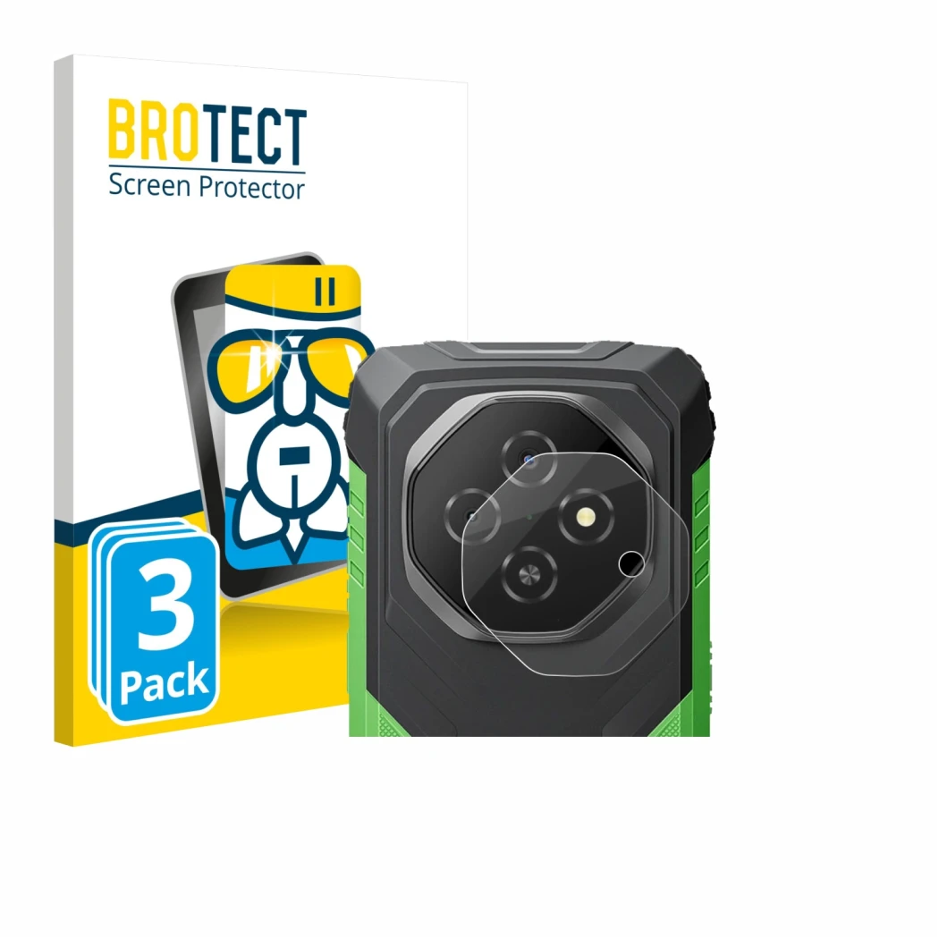 Front side of a product packaging with the brand logo BROTECT. Next to it is the device Blackview Fort 1 (ONLY Camera Lens) sh
