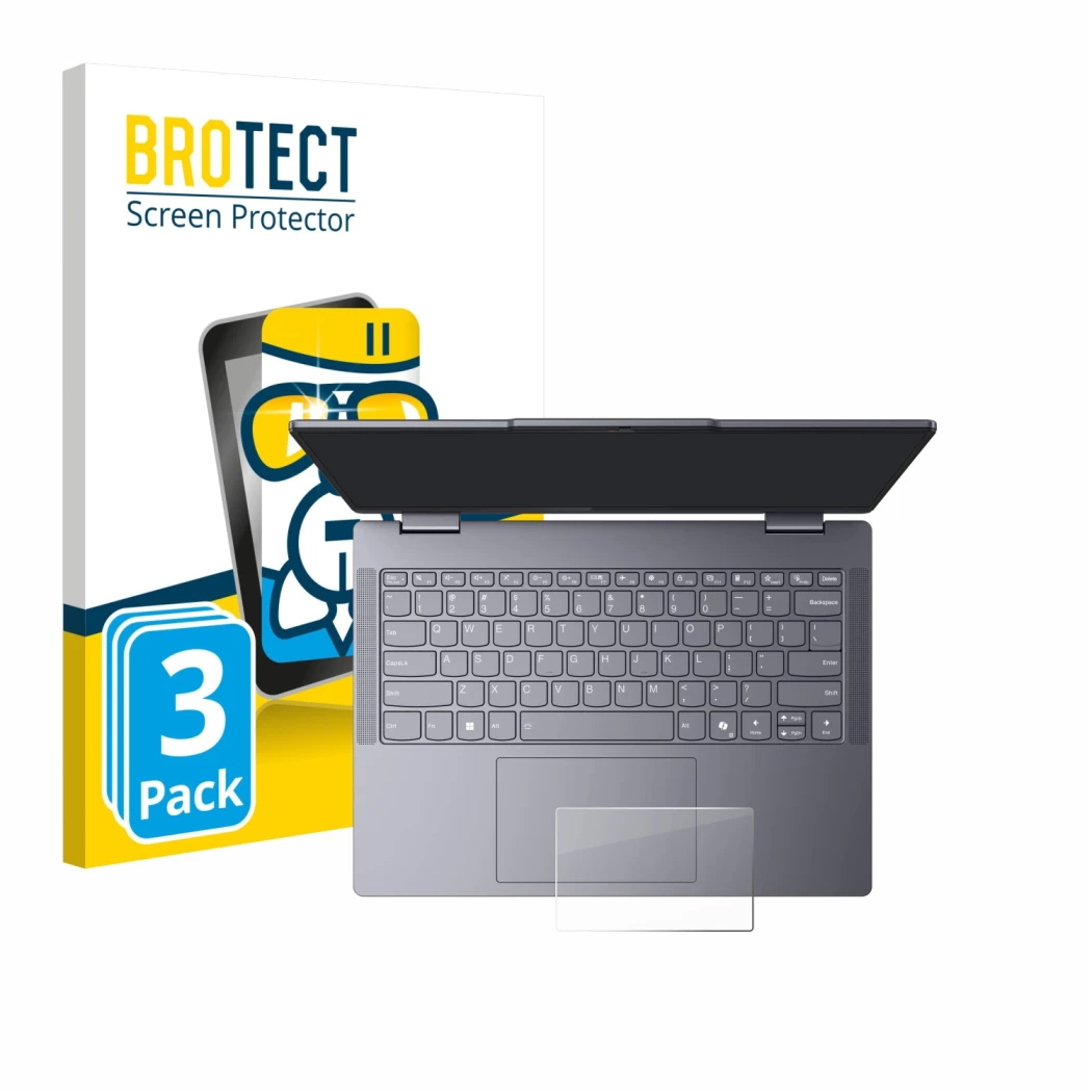Front side of a product packaging with the brand logo BROTECT. Next to it is the device Lenovo IdeaPad 5 2-in-1 14