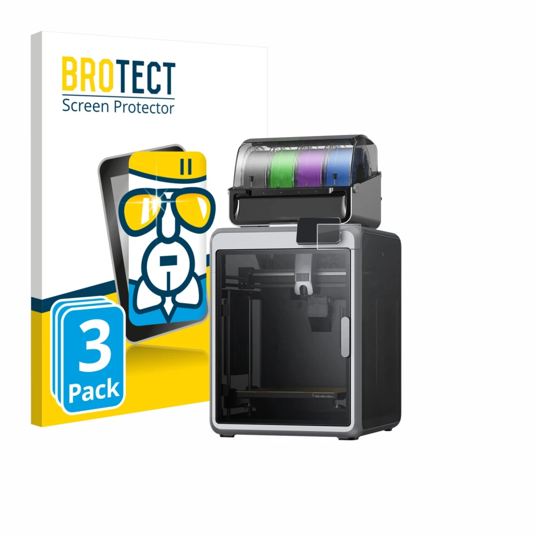 Front side of a product packaging with the brand logo BROTECT. Next to it is the device Creality K2 shown with the correspondi