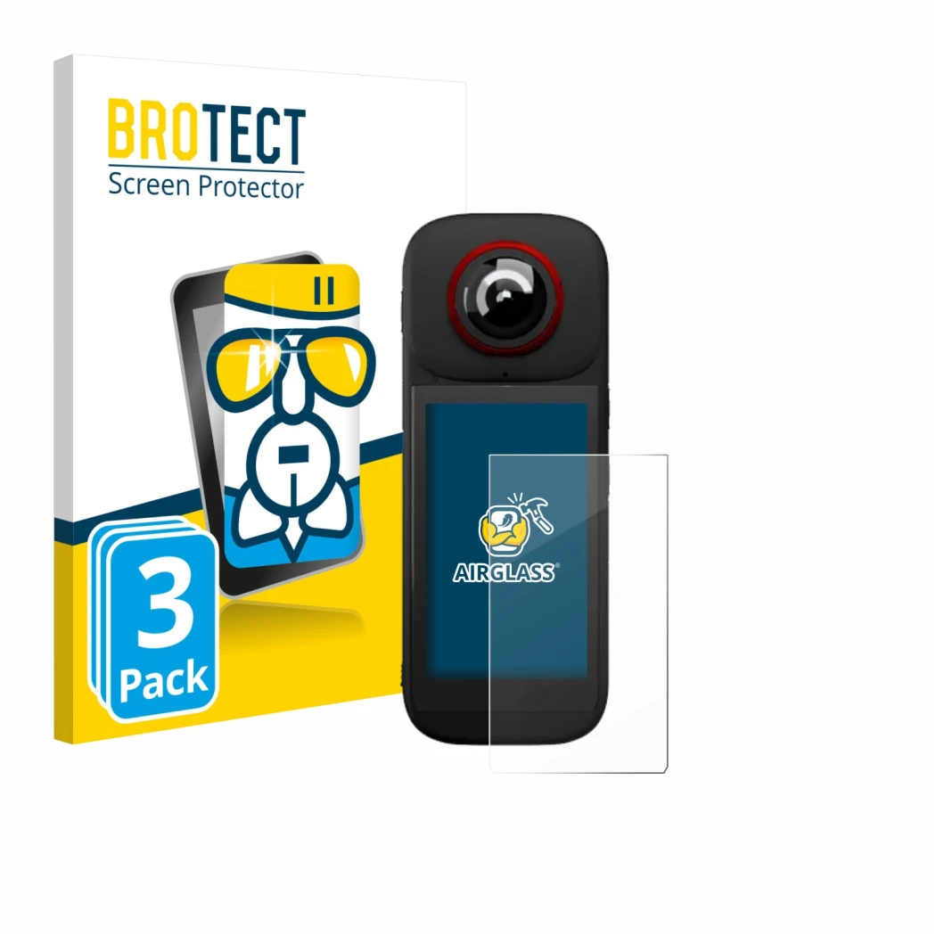 Front side of a product packaging with the brand logo BROTECT. Next to it is the device Labpano PanoX V3 360° shown with the c