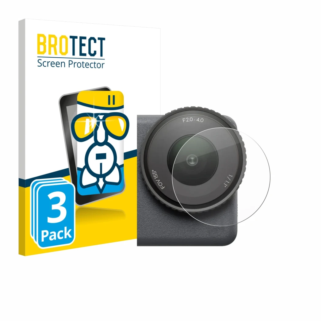 Front side of a product packaging with the brand logo BROTECT. Next to it is the device DJI Osmo Action 6 (Lens) shown with th