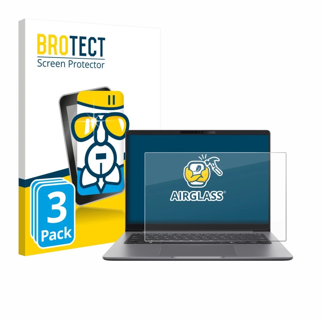 Front side of a product packaging with the brand logo BROTECT. Next to it is the device ASUS ExpertBook P5 G2 shown with the c