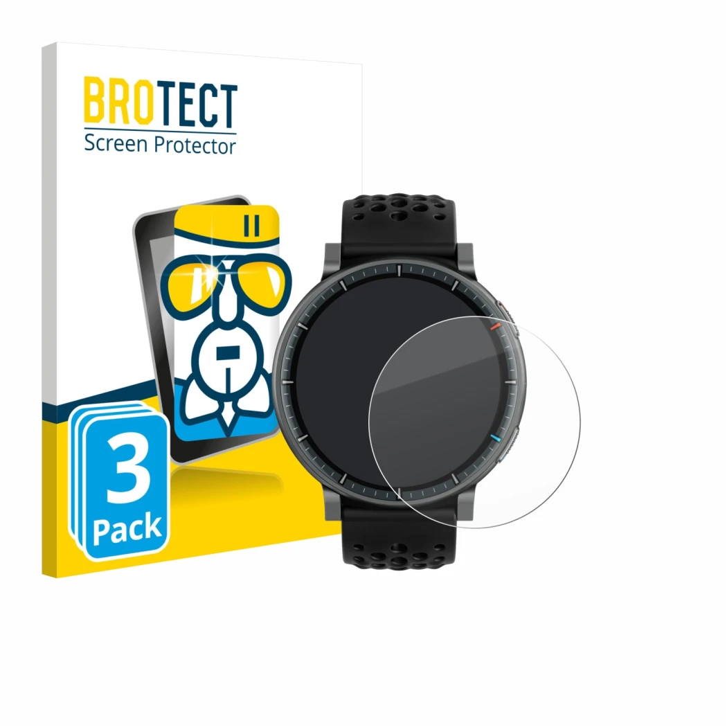 Front side of a product packaging with the brand logo BROTECT. Next to it is the device Amazfit Active Max shown with the corr