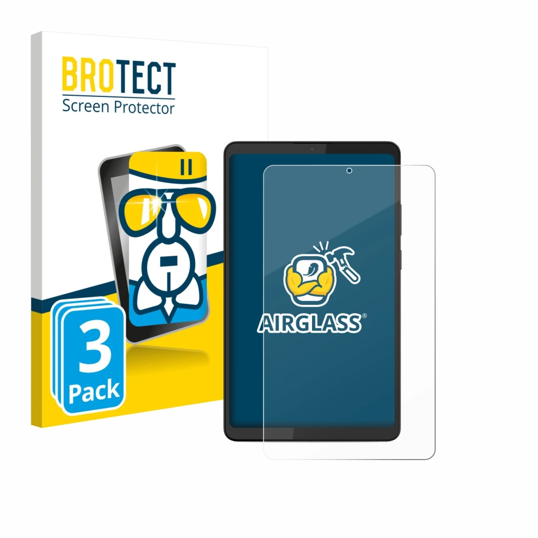 Front side of a product packaging with the brand logo BROTECT. Next to it is the device Lenovo Tab K9 shown with the correspon