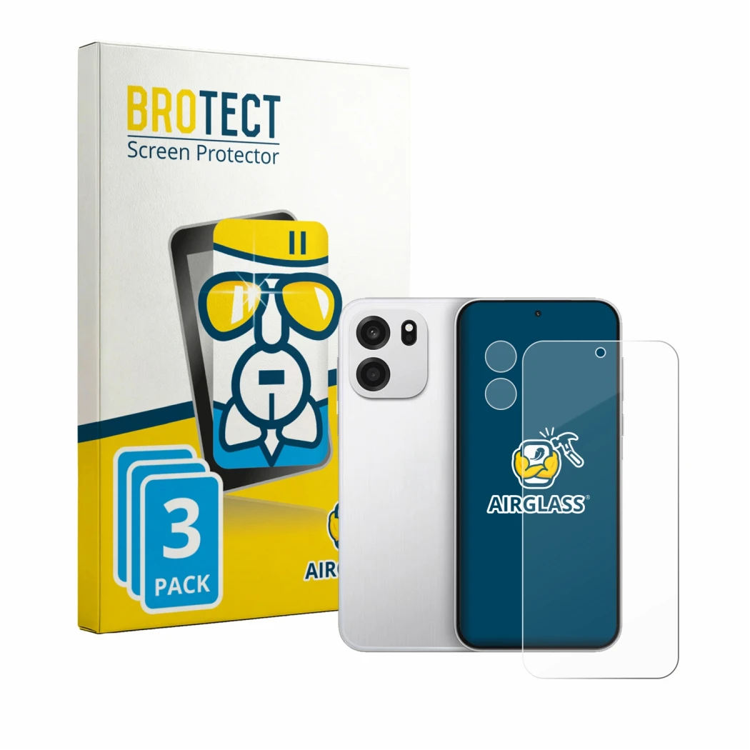 Front side of a product packaging with the brand logo BROTECT. Next to it is the device OnePlus Turbo 6V (Front+Camera) shown