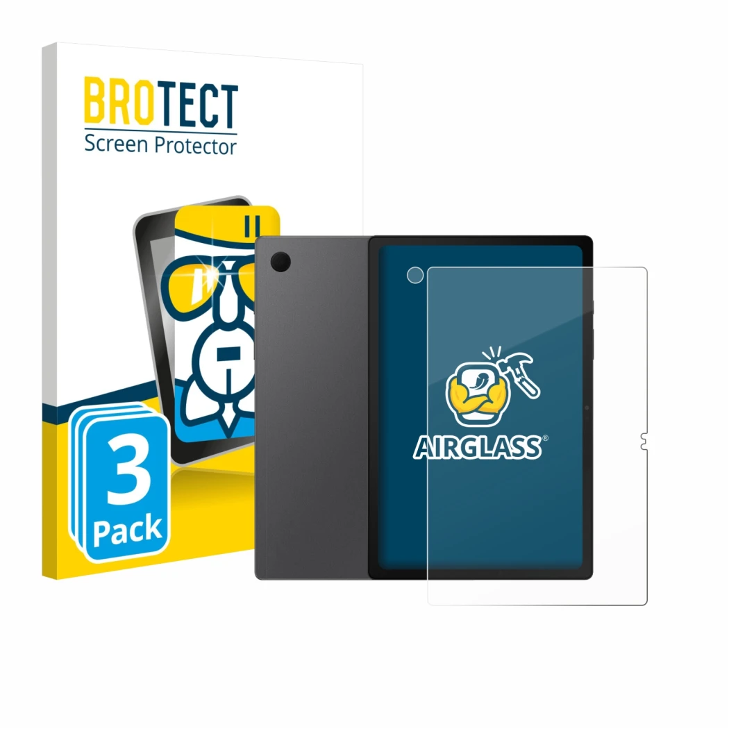 Front side of a product packaging with the brand logo BROTECT. Next to it is the device Samsung Galaxy Tab A8 (Front+Camera) s