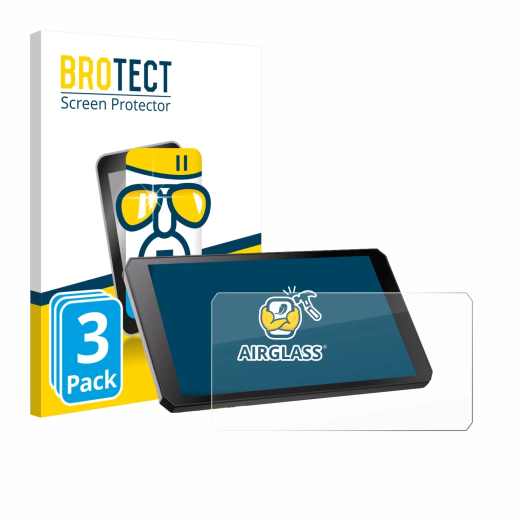 Front side of a product packaging with the brand logo BROTECT. Next to it is the device RiderNav R7M shown with the correspond