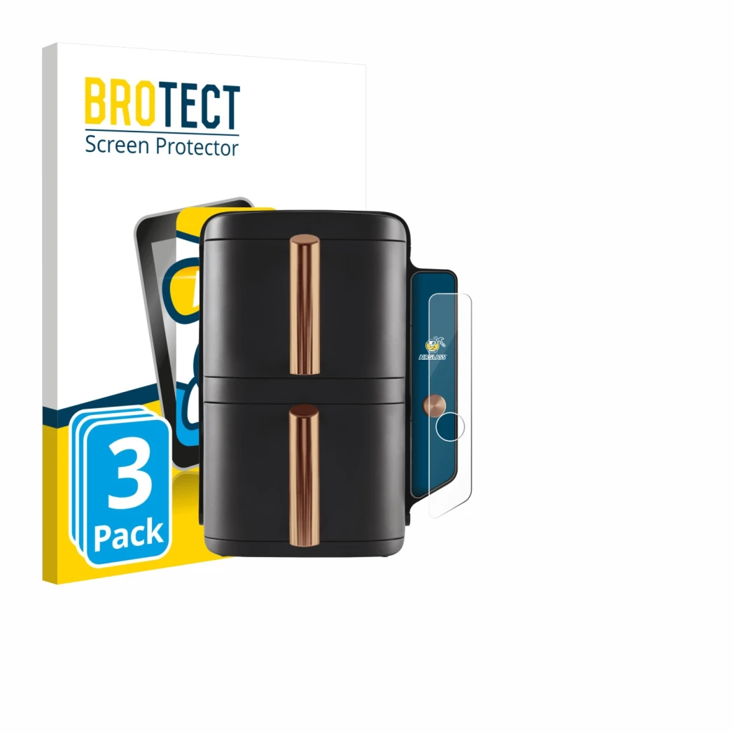 Front side of a product packaging with the brand logo BROTECT. Next to it is the device Ninja Double Stack XL sl400eu shown wi