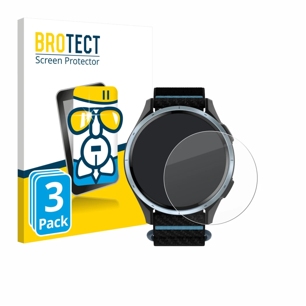 Front side of a product packaging with the brand logo BROTECT. Next to it is the device Garmin Approach J1 shown with the corr