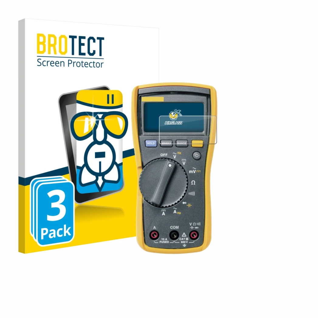 Front side of a product packaging with the brand logo BROTECT. Next to it is the device Fluke 115 shown with the corresponding