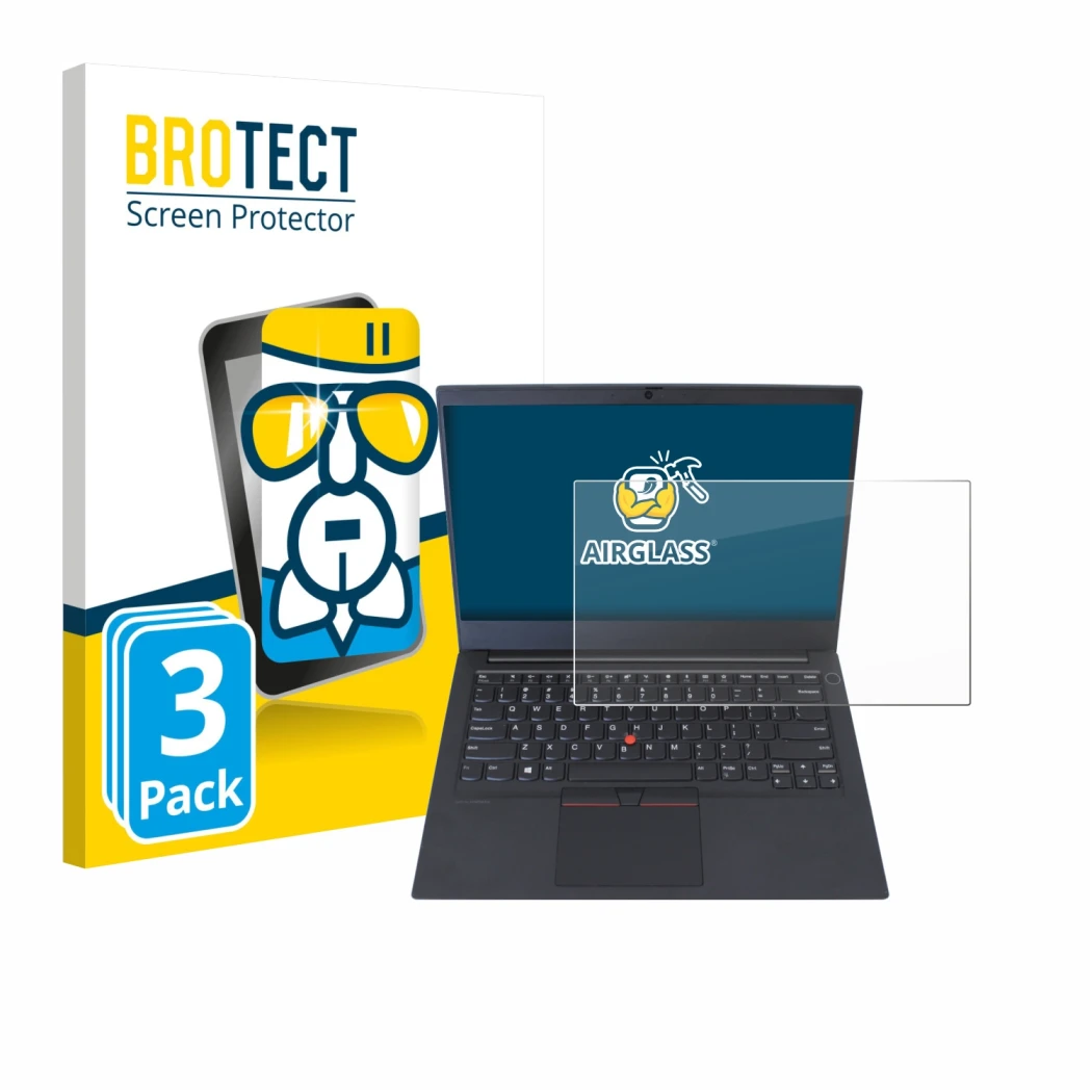 Front side of a product packaging with the brand logo BROTECT. Next to it is the device Lenovo ThinkPad E14 Gen 1 shown with t