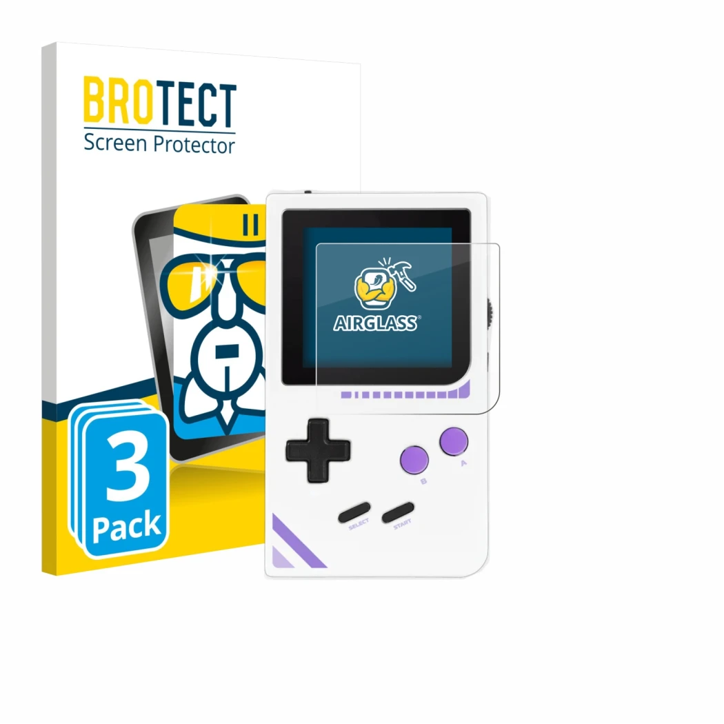 Front side of a product packaging with the brand logo BROTECT. Next to it is the device Modretro Chromatic shown with the corr