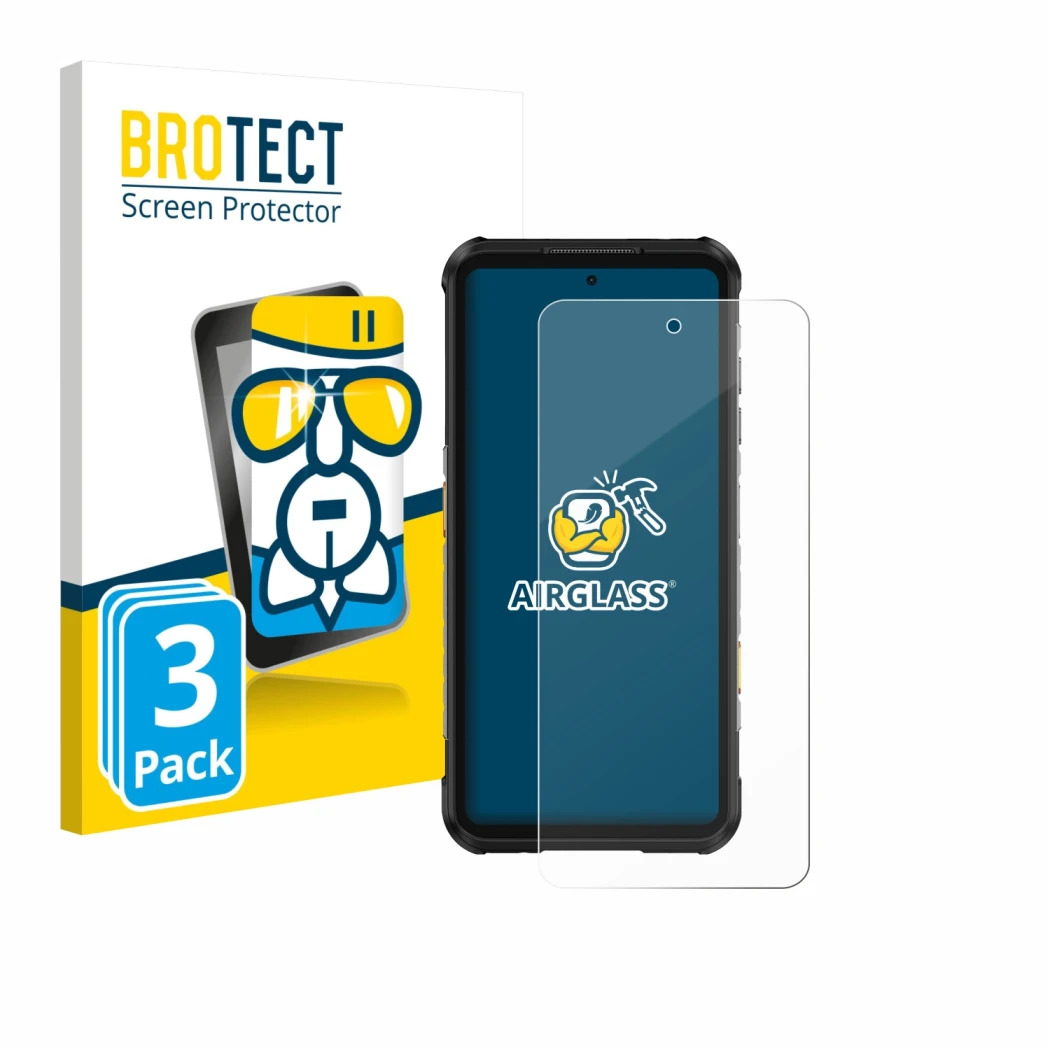 Front side of a product packaging with the brand logo BROTECT. Next to it is the device Ulefone RugOne Xever 7 Pro shown with 