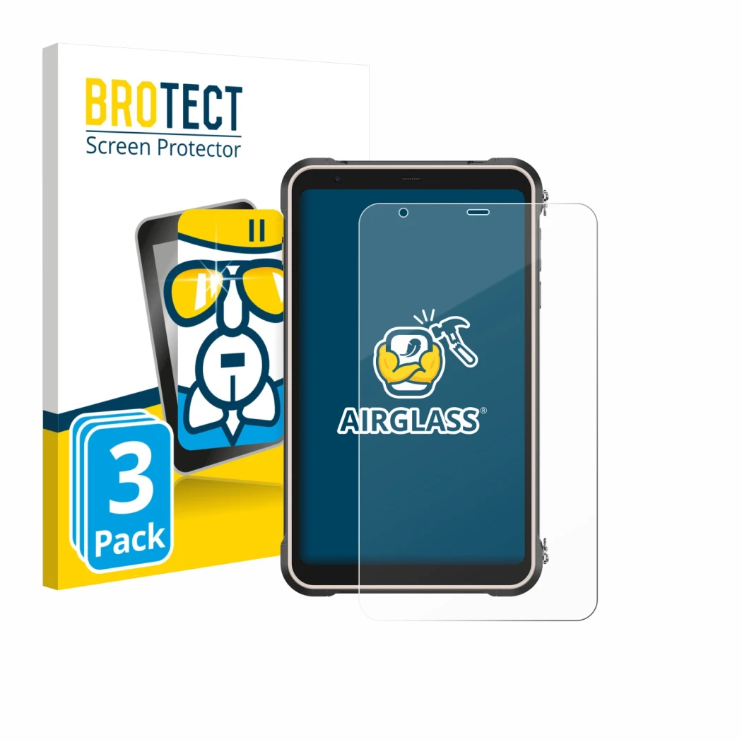 Front side of a product packaging with the brand logo BROTECT. Next to it is the device Ulefone RugKing Pad Pro shown with the