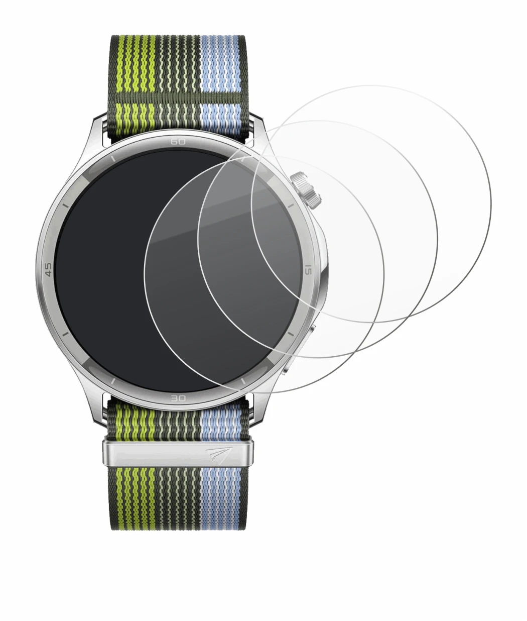 Image of the device Oppo Watch S with a wide variety of screen protectors.