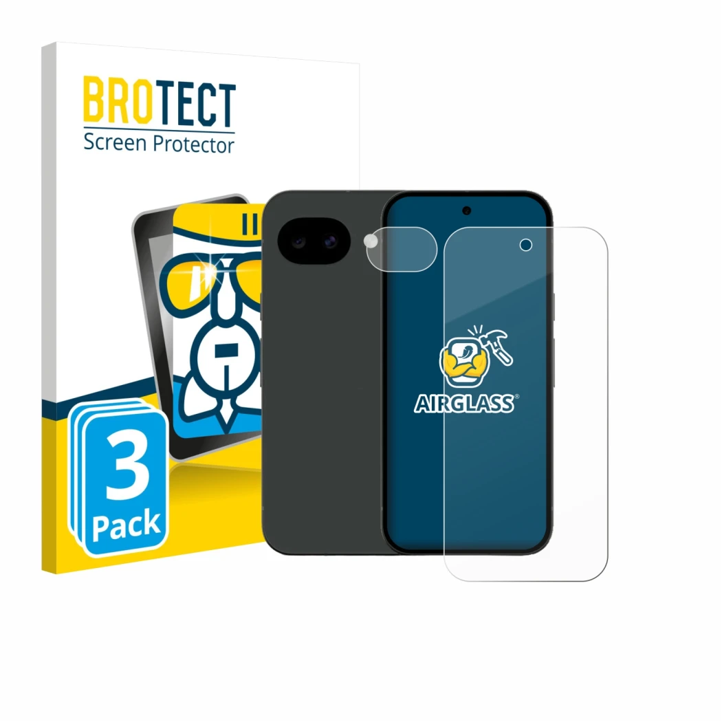 Front side of a product packaging with the brand logo BROTECT. Next to it is the device Google Pixel 10a (Front+Camera) shown 