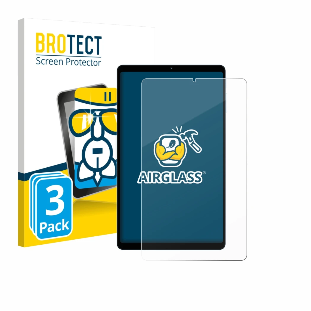 Front side of a product packaging with the brand logo BROTECT. Next to it is the device Teclast T50 Mini shown with the corres